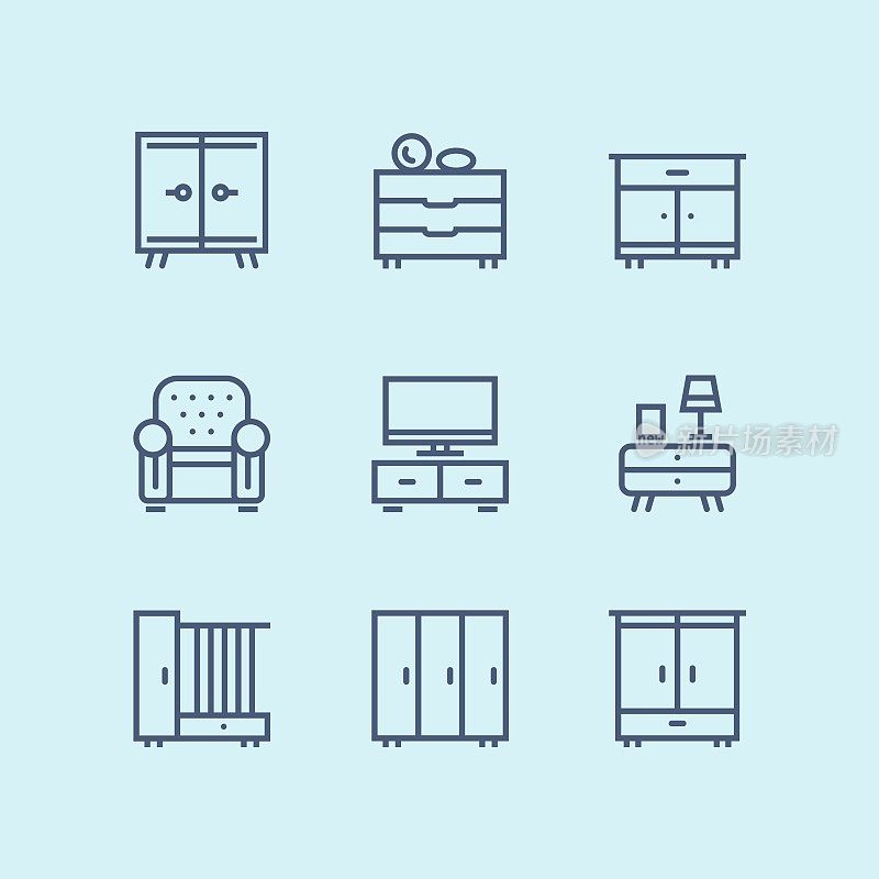 Outline Furniture, decor, interior vector simple icons for web and mobile design pack 1